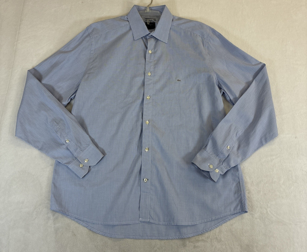 Lacoste Men's Modern Fit Long Sleeve Plaid Button Down Shirt Light Blue 44 Chrty